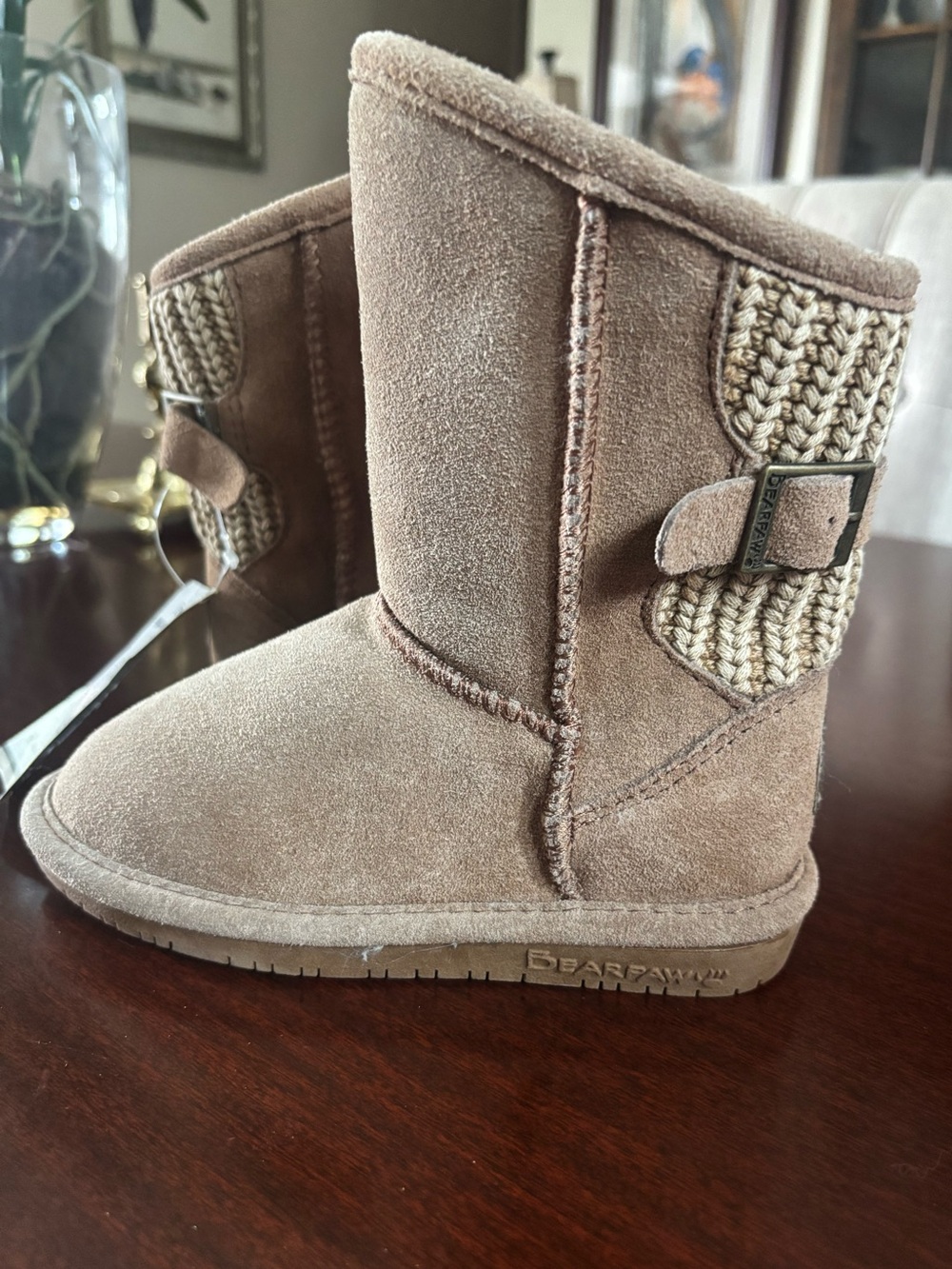 BearPaw Kids Tan Suede Knit-Trim Buckle Winter Boots Size 11 Brand New With Tags